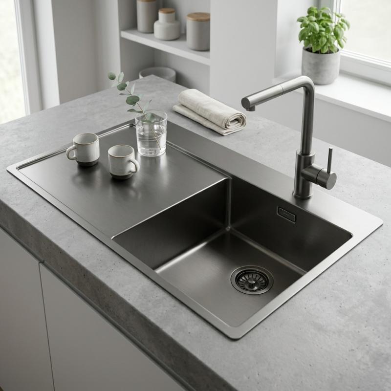 Pure.Sink Exclusivo Gun Metal kleine spoelbak met afdruipgedeelte 78x52 cm Tapwing rechts PEX3478RT-61